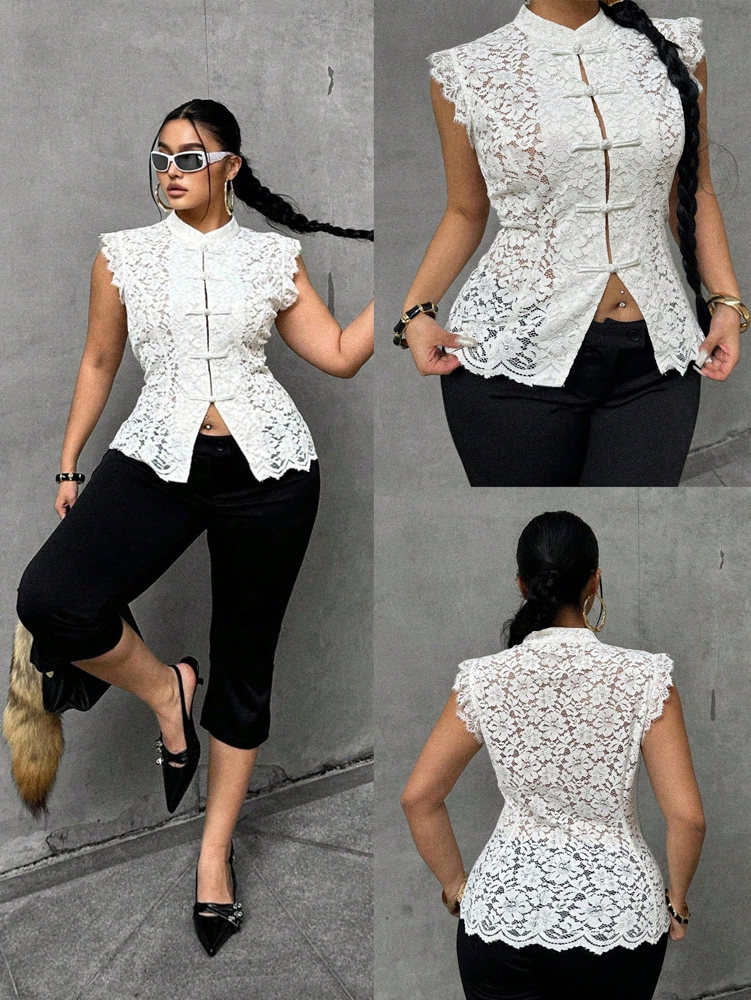 Plus Size Elegant Lace Blouse, - Shirt Camp Collar 리뷰 및 가격