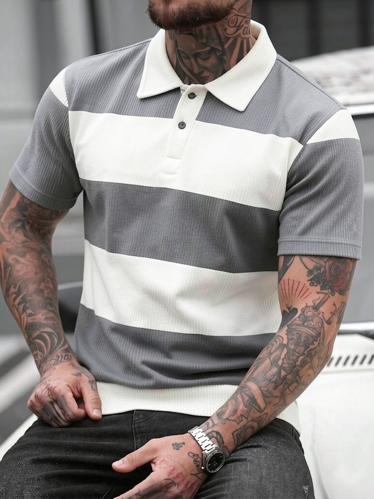 Men's Summer Gray-White Stripe - Polo Shirt Pique 리뷰 및 가격
