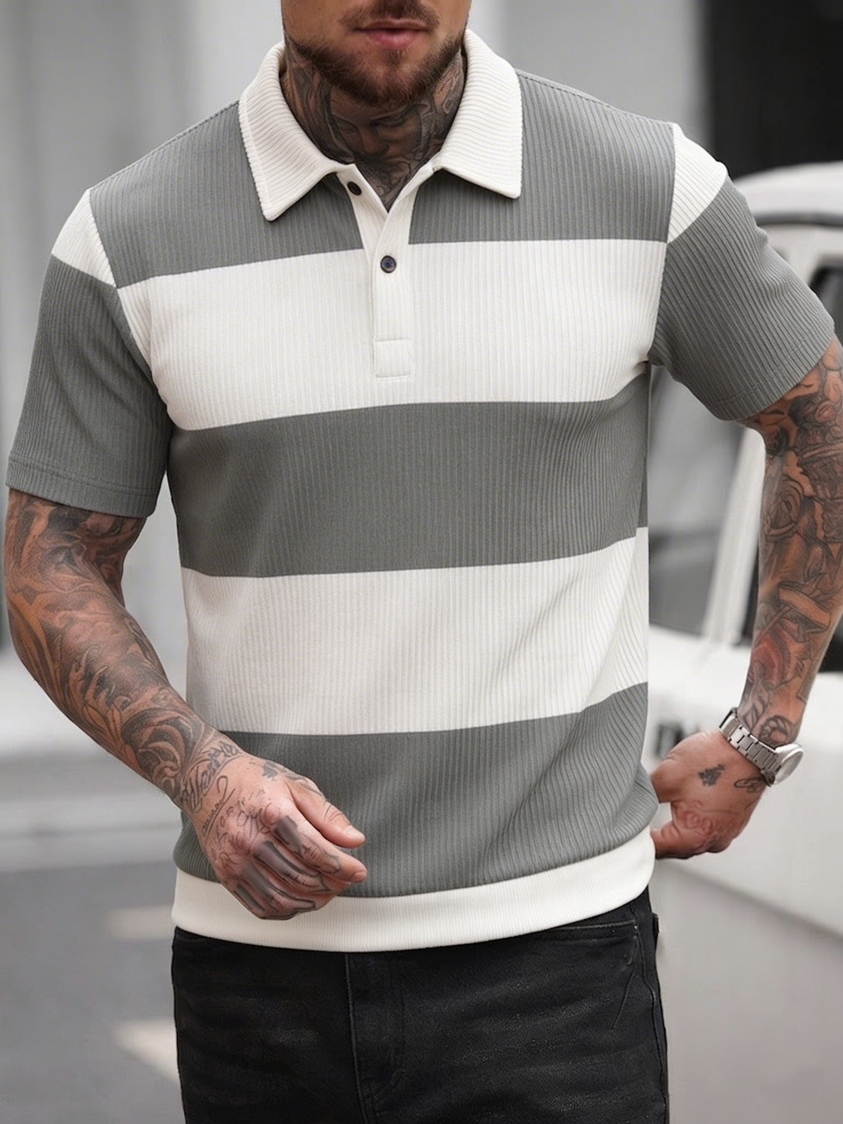 Men's Summer Gray-White Stripe - Polo Shirt Pique 리뷰 및 가격
