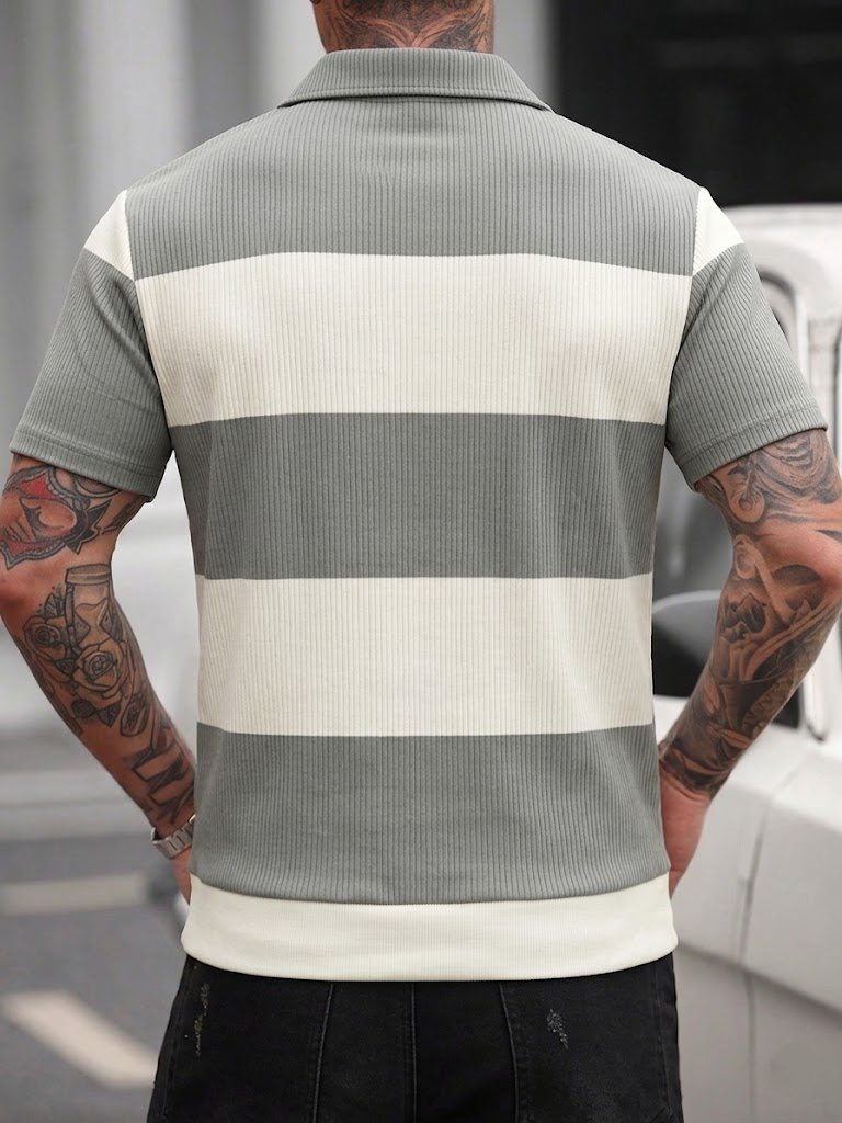 Men's Summer Gray-White Stripe - Polo Shirt Pique 리뷰 및 가격