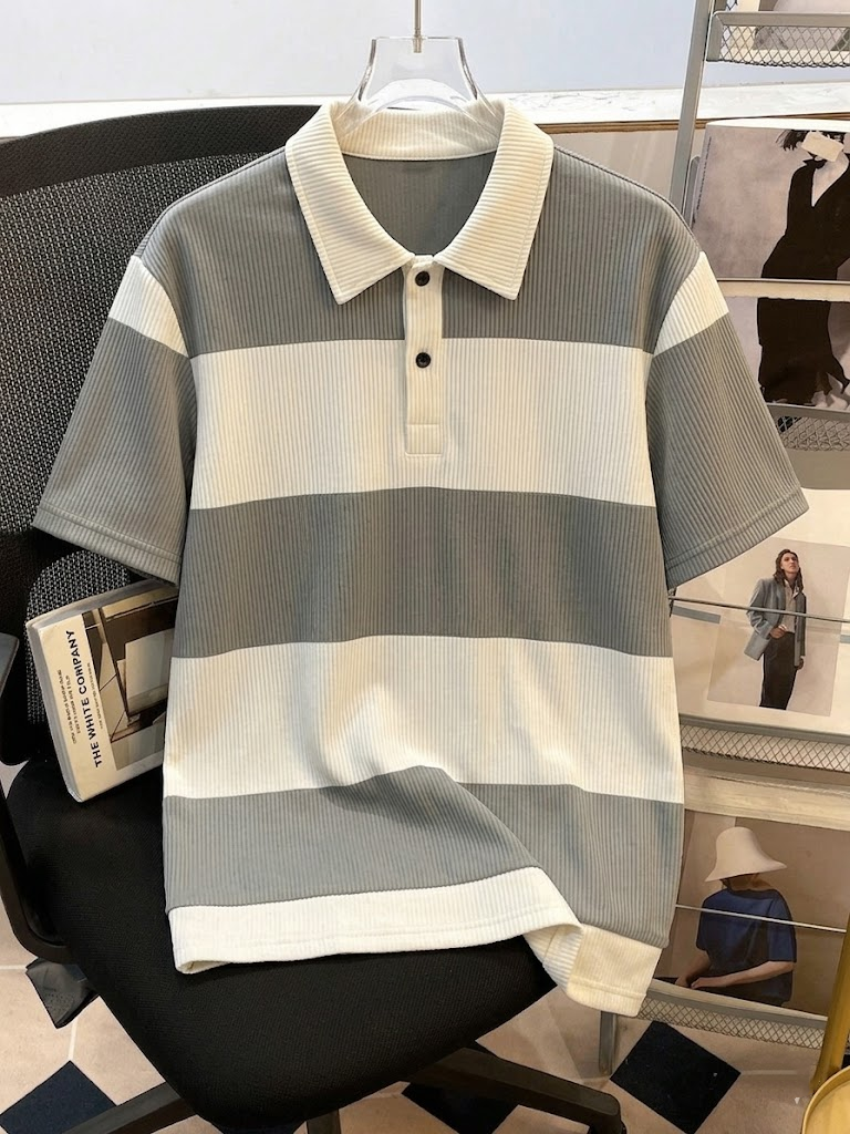 Men's Summer Gray-White Stripe - Polo Shirt Pique 리뷰 및 가격