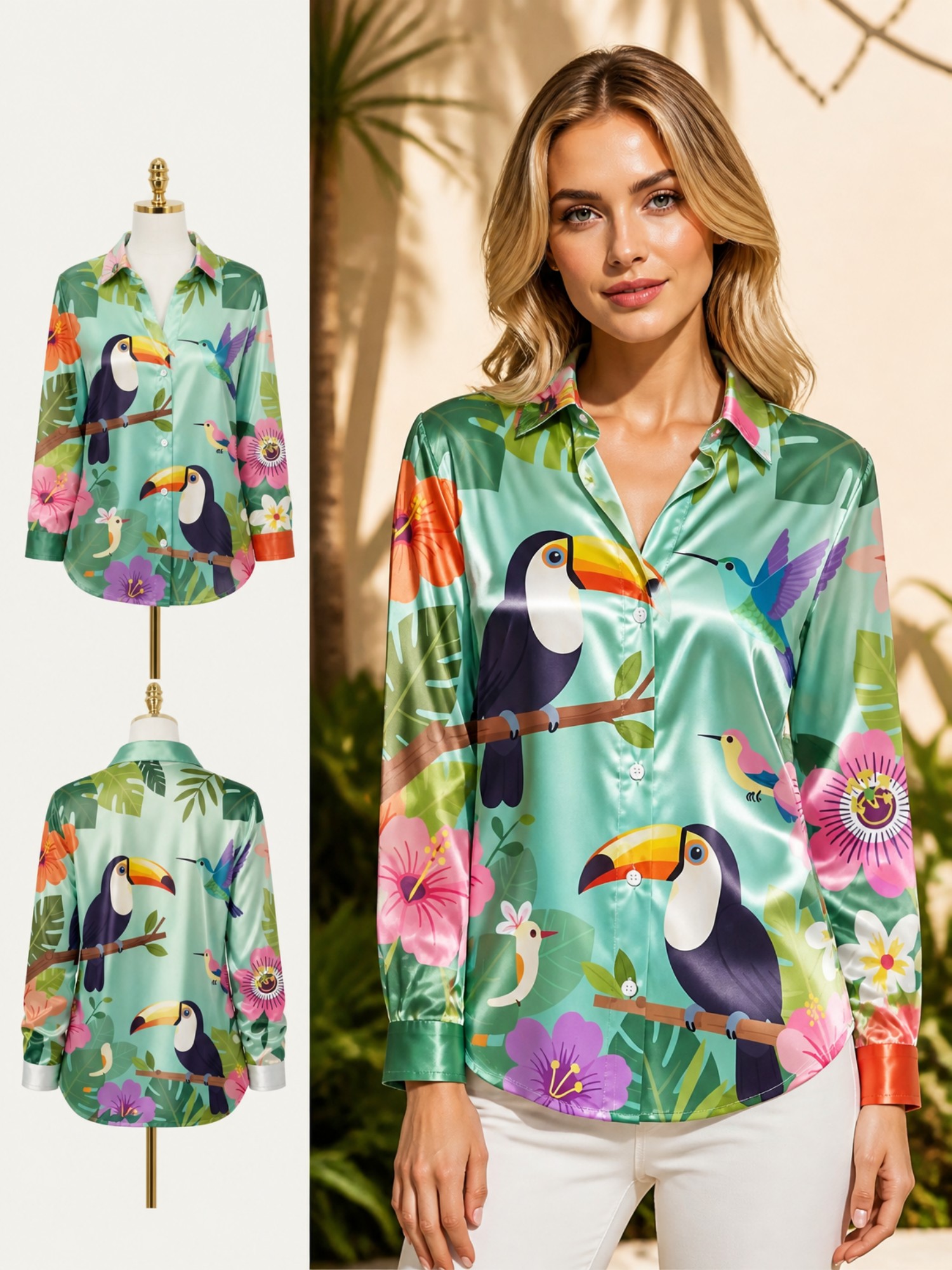Mint Toucan Satin Button Shirt - Resort Shirt Floral 리뷰 및 가격