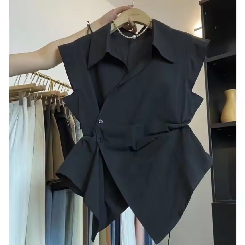 French Solid Color Pleated Irr - Shirt Camp Collar 리뷰 및 가격