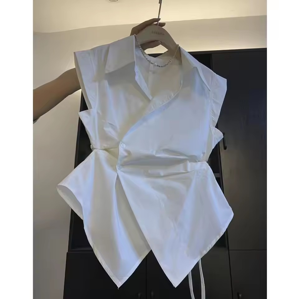 French Solid Color Pleated Irr - Shirt Camp Collar 리뷰 및 가격