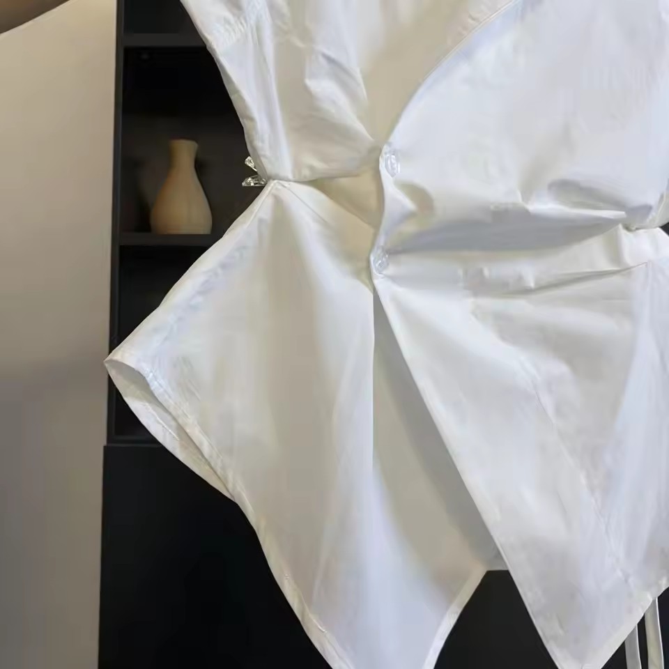 French Solid Color Pleated Irr - Shirt Camp Collar 리뷰 및 가격