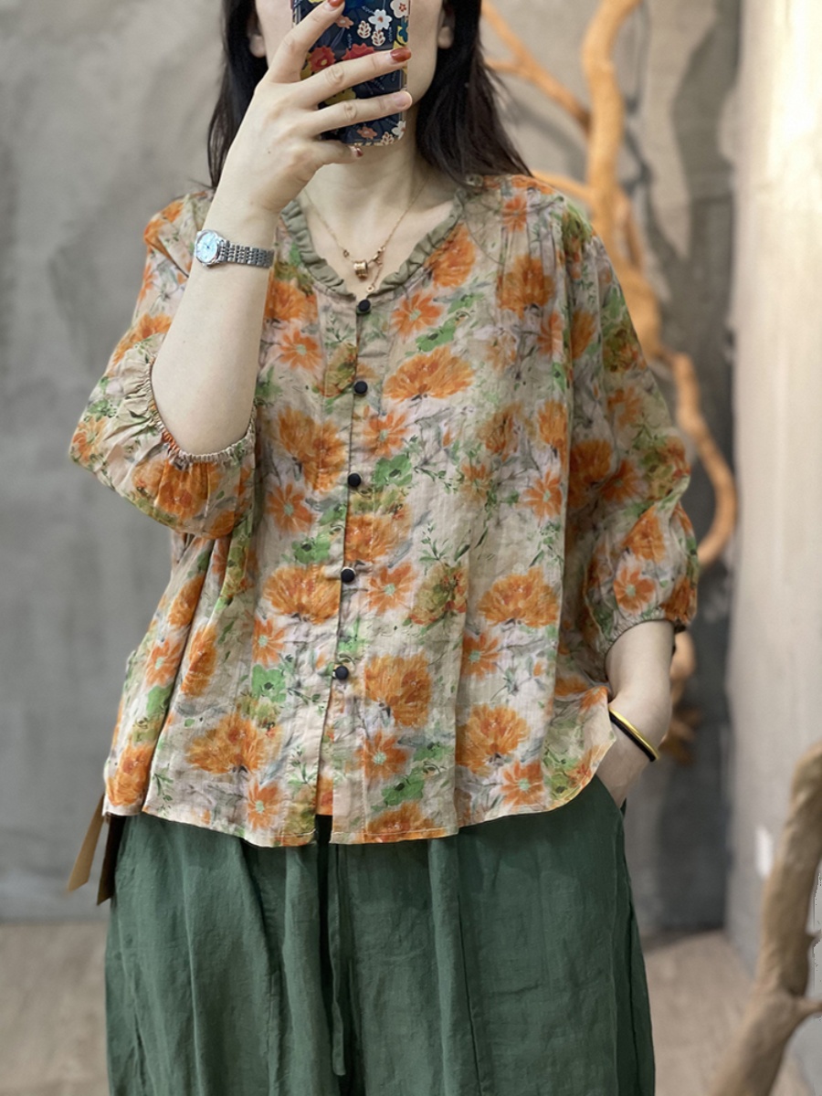 Large Size Women's Artistic Fl - Linen Shirt Breathable 리뷰 및 가격