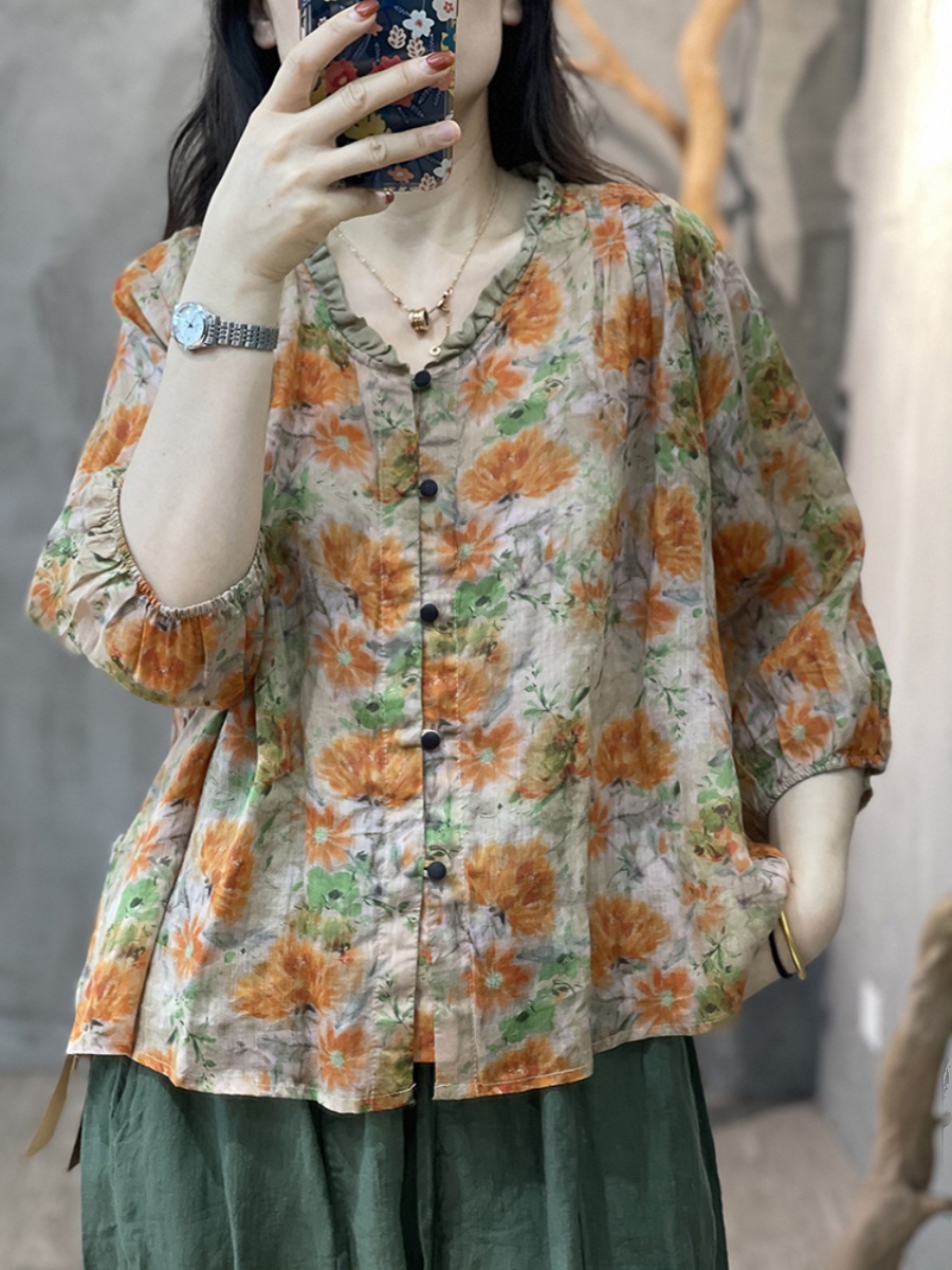 Large Size Women's Artistic Fl - Linen Shirt Breathable 리뷰 및 가격