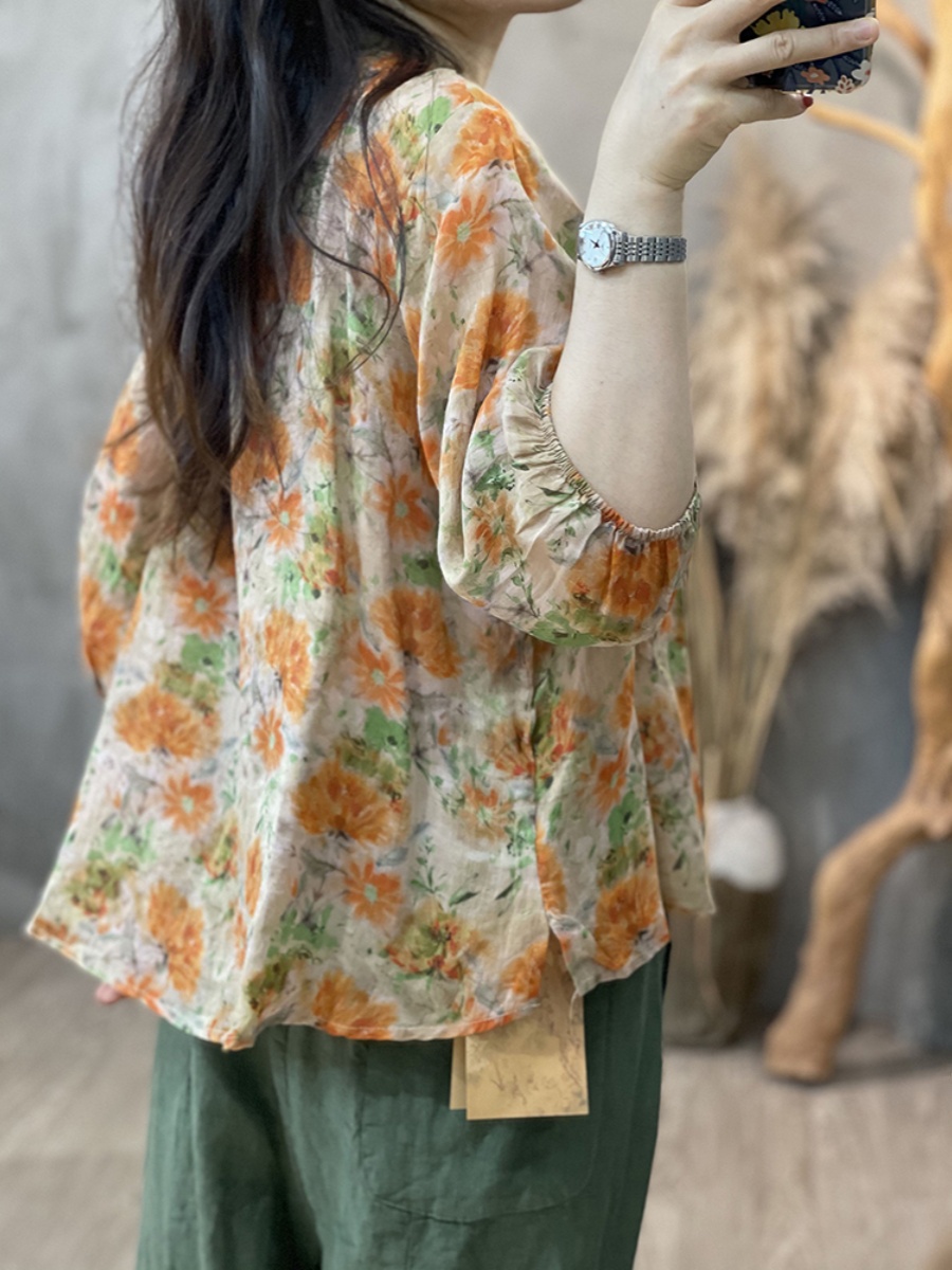 Large Size Women's Artistic Fl - Linen Shirt Breathable 리뷰 및 가격