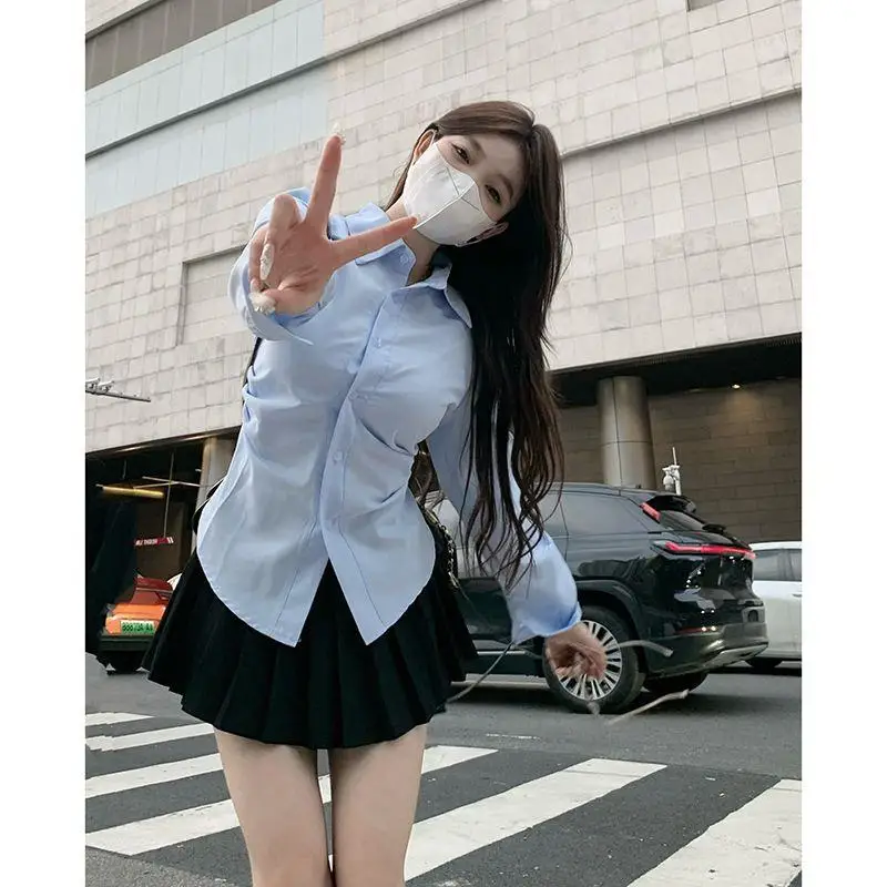 Women Blue Waist Fitted Shirt  - Shirt Camp Collar 리뷰 및 가격