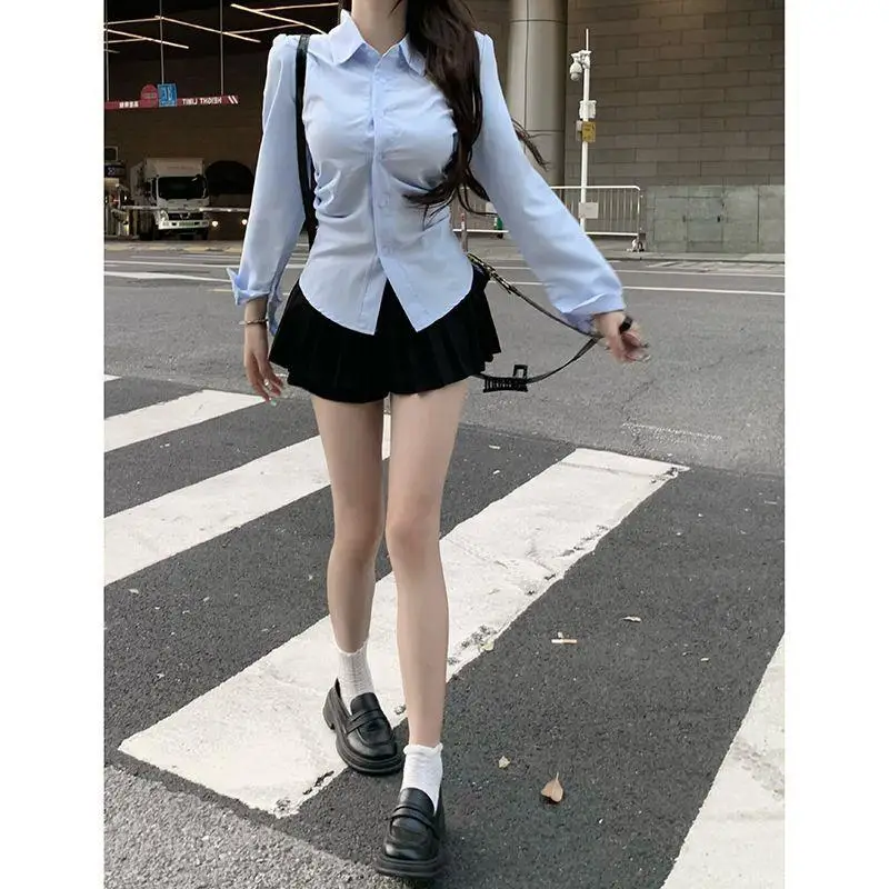 Women Blue Waist Fitted Shirt  - Shirt Camp Collar 리뷰 및 가격