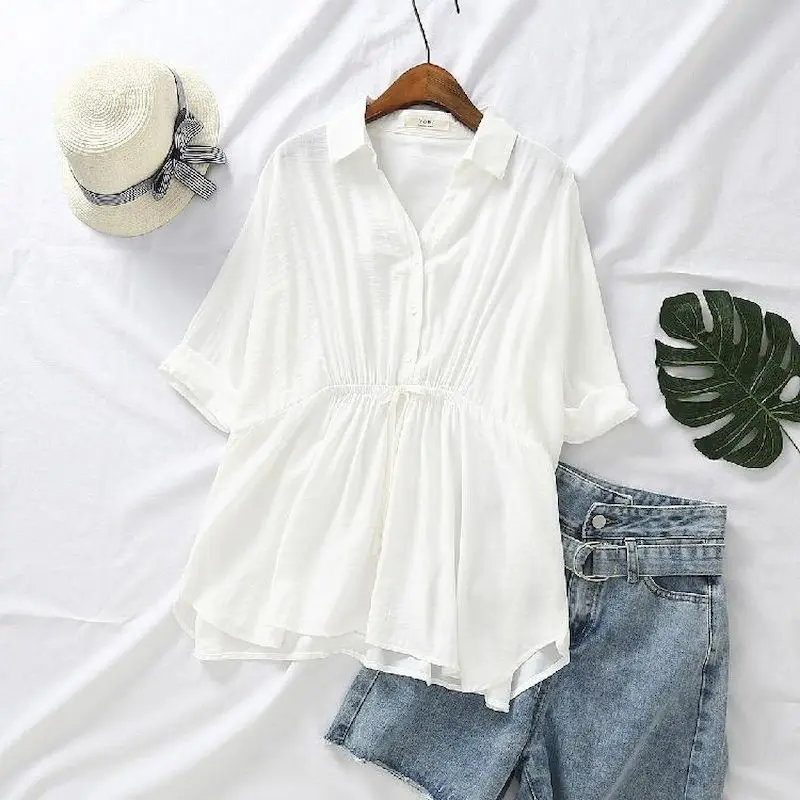 Korean Loose Blouses Women Fas - Short Linen Drawstring 리뷰 및 가격